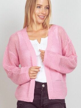 Cyrus Open Front Pointelle Knit Cardigan in Pink Size Medium